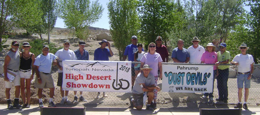 Mike Norton/Special to the Pahrump Valley Times All participants in the High Desert Showdown, an event sanctioned by the National Horseshoe Pitchers Association, pose June 16 in Tonopah.