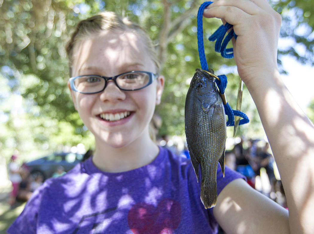 Richard Brian/Las Vegas Review-Journal Kennedy Lakeda, 12, shows off a fish during a fishing derby at Floyd Lamb Park at Tule Springs in northwest Las Vegas.