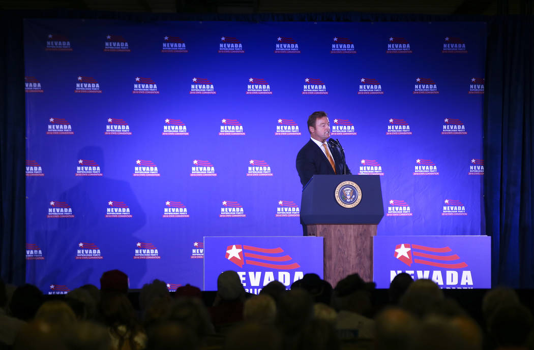 U.S. Sen. Dean Heller, R-Nev., speaks ahead of President Donald Trump's keynote address at the Nevada Republican Party State Convention at the Suncoast in Las Vegas on Saturday, June 23, 2018. Cha ...