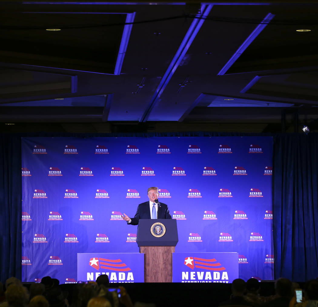 President Donald Trump speaks during the keynote address at the Nevada Republican Party State Convention at the Suncoast in Las Vegas on Saturday, June 23, 2018. Chase Stevens Las Vegas Review-Jou ...
