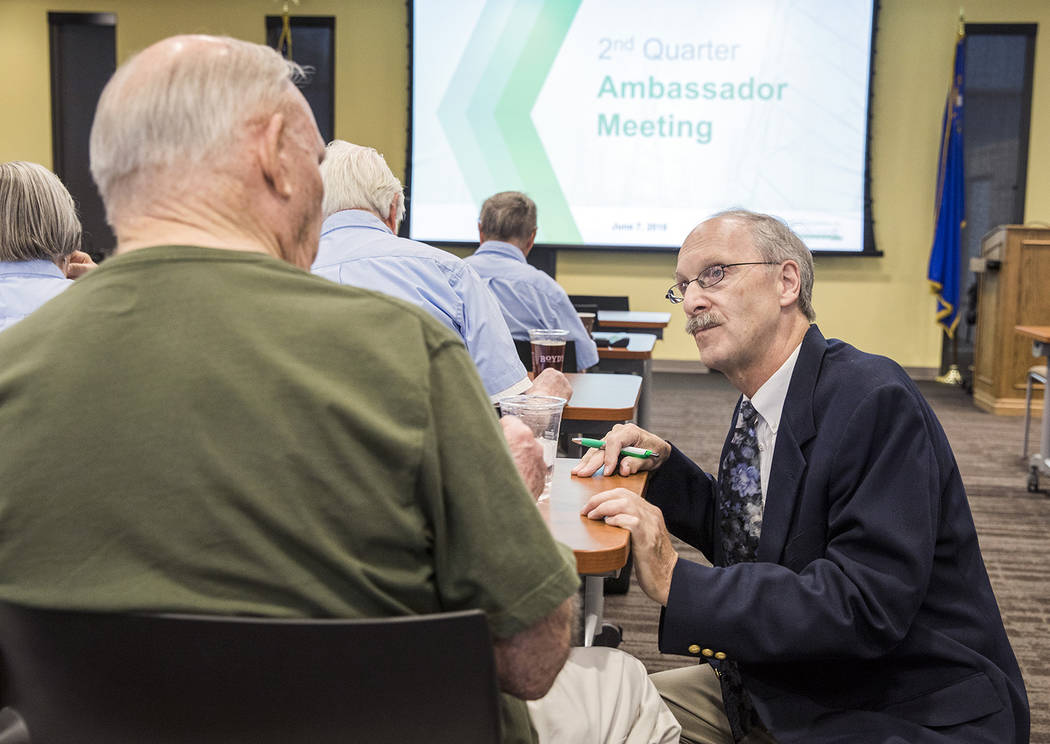 Special to the Pahrump Valley Times Ambassador Chairman Frank Bonesteel speaks with ambassadors. During the June 7 meeting, VEA recognized ambassador accomplishments during the 2017-18 year.