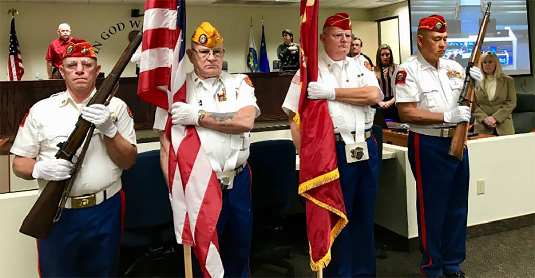 Special to the Pahrump Valley Times From left to right are Marine Corps League members William Olson, Frank Miller, Dan Griggs and Clifford Bermodes performing Color Guard and Rifle Squad duties.