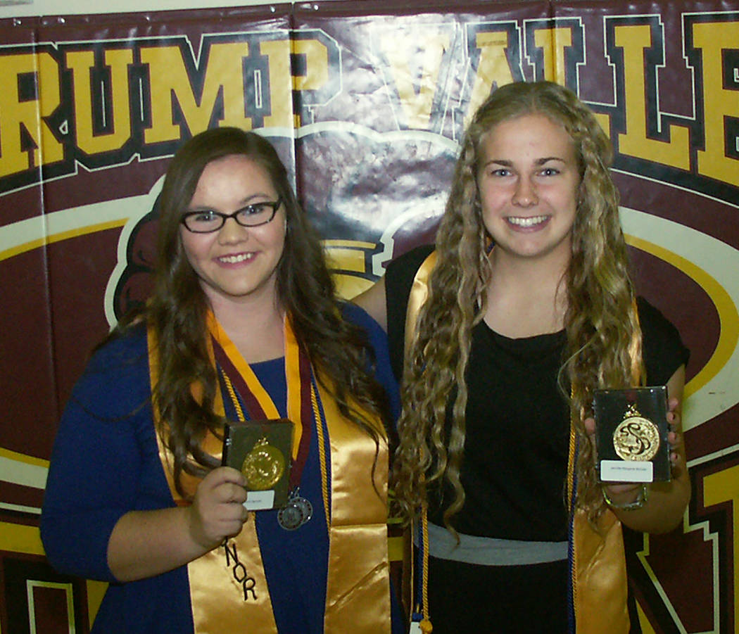 Selwyn Harris/Pahrump Valley Times Jennifer McCaw, right, was Pahrump Valley High School's Class of 2014 salutatorian with a grade-point average of 4.6383. At left is valedictorian Andrea Sposato.