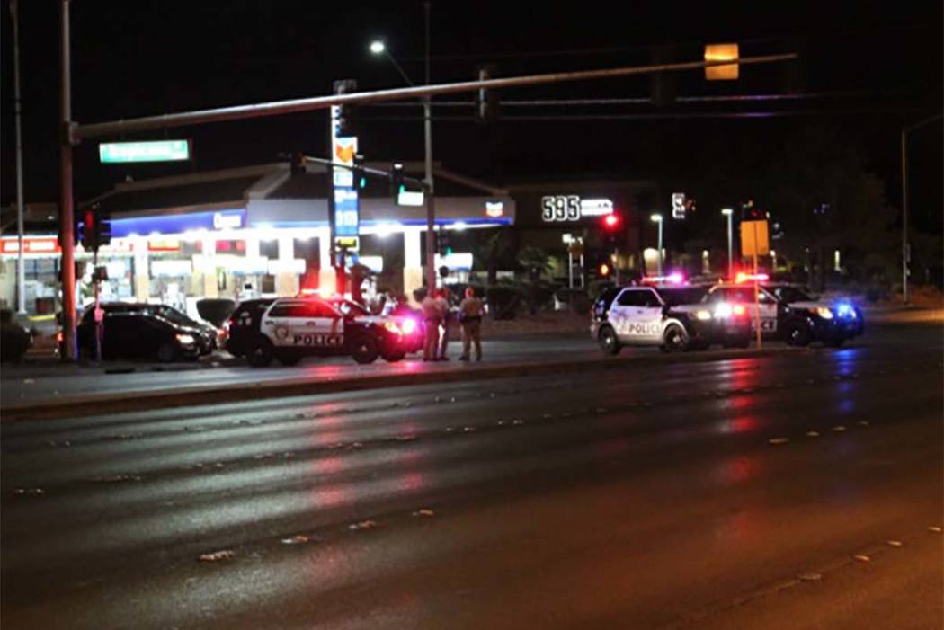 A chase involving the Nevada Highway Patrol and Nye County Sheriff's office ended at the intersection of Rainbow Boulevard and Tropicana Avenue. (Max Michor/Las Vegas Review-Journal)