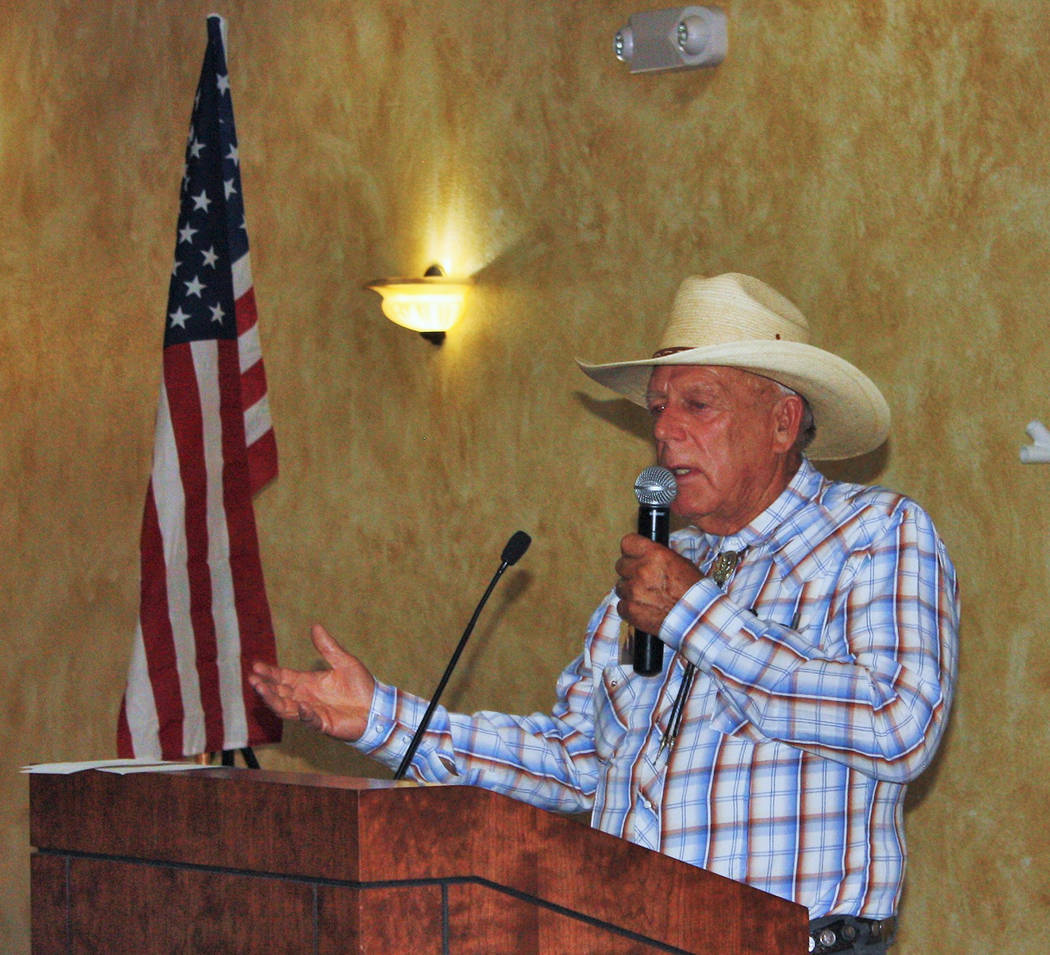 Robin Hebrock/Pahrump Valley Times Cliven Bundy is pictured addressing a large crowd during the IAP-sponsored Constitution Dinner, hosted July 20 in Pahrump.