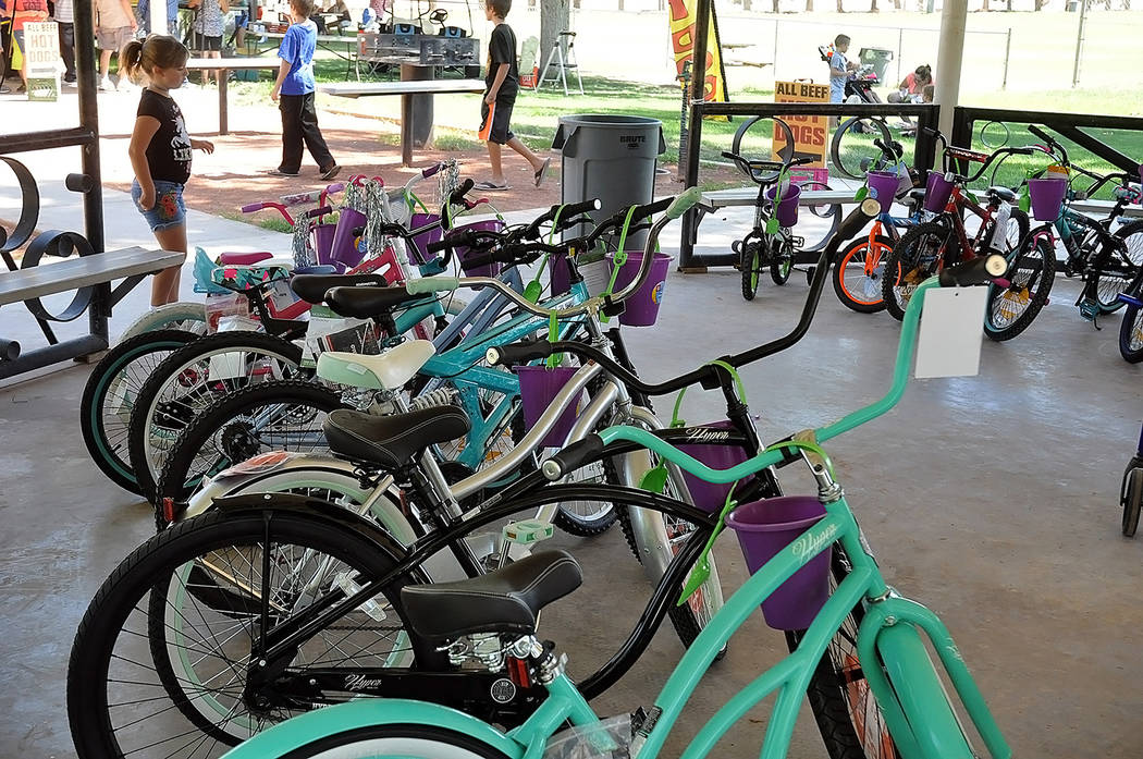 Horace Langford Jr./Pahrump Valley Times - A view of the bicycles donated to the Smiles Across Pahrump event. Children who submitted an essay on what a smile means to them were entered into a ra ...