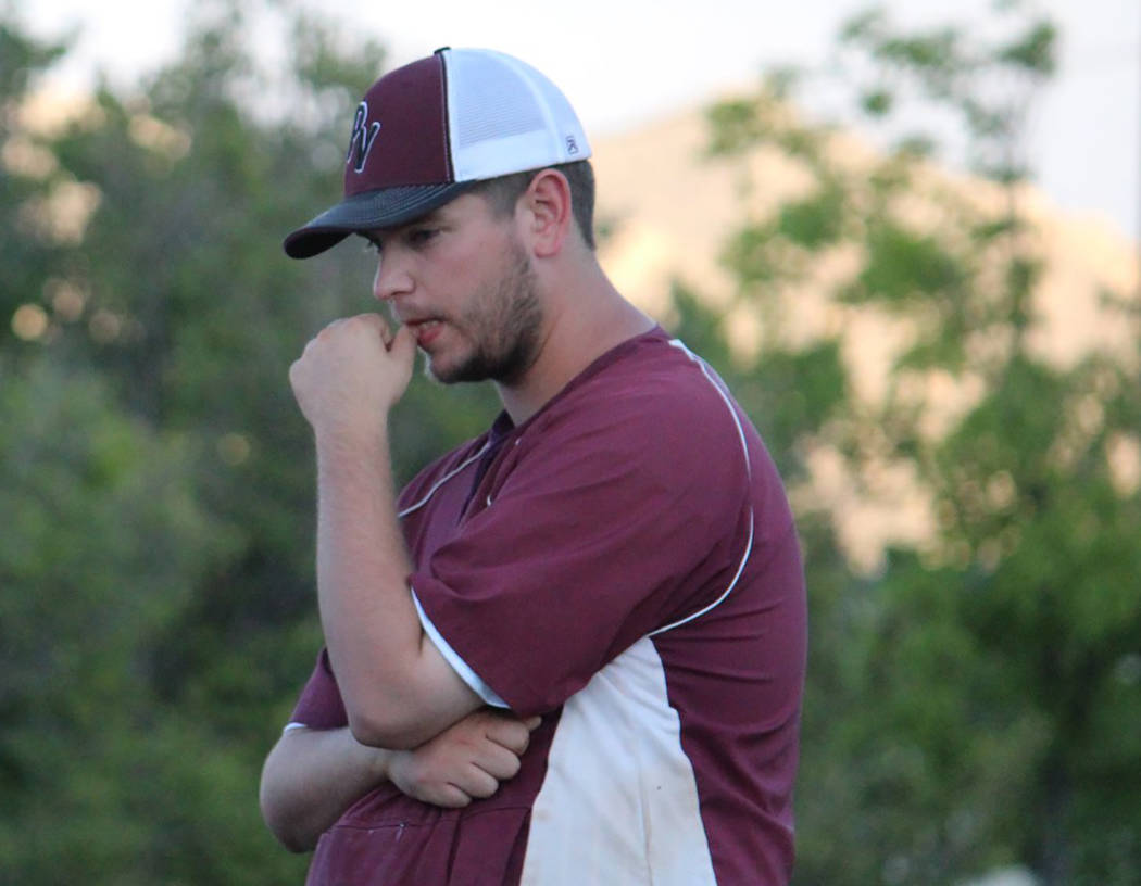 Caroline Thacker/Special to the Pahrump Valley Times A pensive manager Drew Middleton before the start of the P-Town Little League Junior All-Stars opening game against Boulder City in the state t ...