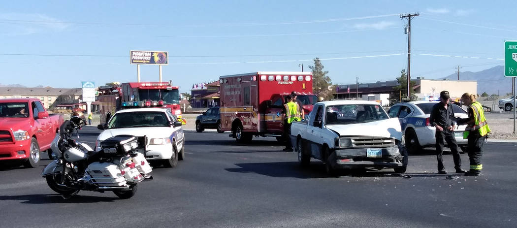 Selwyn Harris/Pahrump Valley Times Southbound traffic along Highway 160 was diverted onto Dandelion Street as emergency crews worked to clear the scene. Both vehicles involved in the crash sustain ...