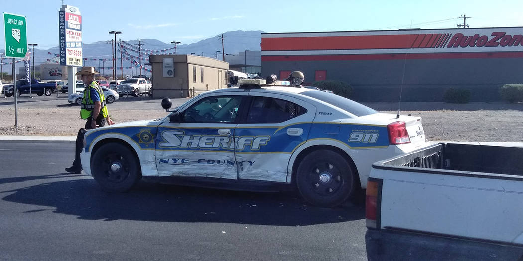 Selwyn Harris/Pahrump Valley Times A Nye County sheriff's deputy suffered minor injuries after being involved in a two-vehicle collision on Wednesday. One person was transported to Desert View Hos ...