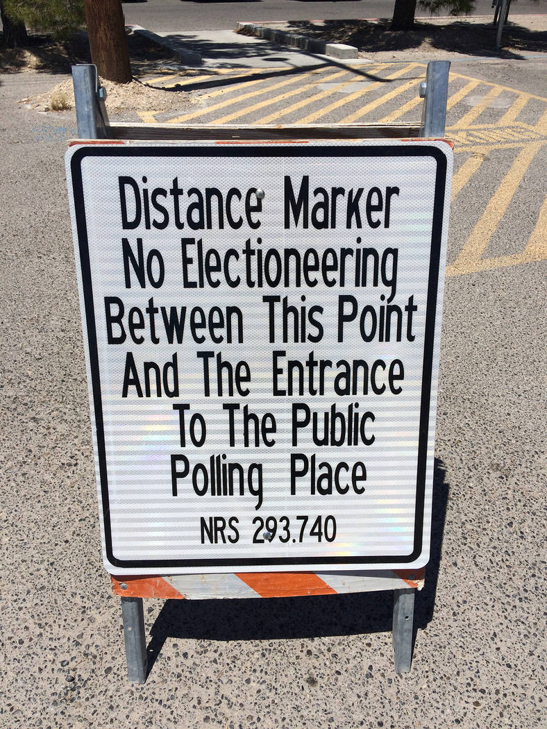 Robin Hebrock/Pahrump Valley Times A "Distance Marker" sign as seen on June 12 at the Bob Ruud Community Center, the polling place for Pahrump residents.