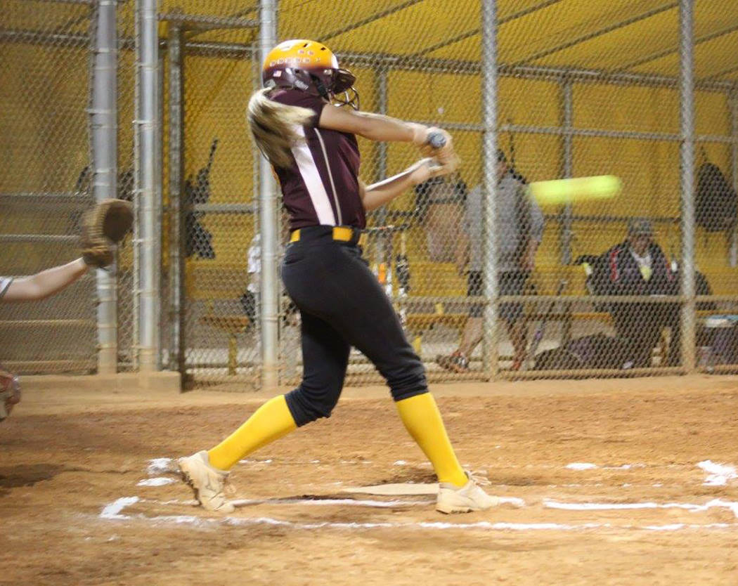 Cassondra Lauver/Special to the Pahrump Valley Times Skyler Lauver rips a double against Las Vegas Mojo during the 2017 Winter Classic softball semifinals in Las Vegas.