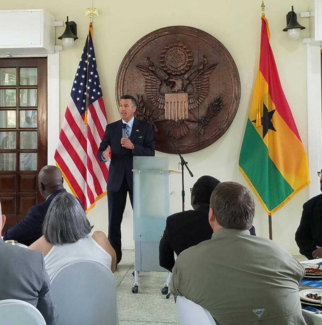 Nevada Governor's Office for Economic Development Nevada Gov. Brian Sandoval is shown speaking in Africa on July 26. The friendship between Ghana and Nevada is a special one, Sandoval said.