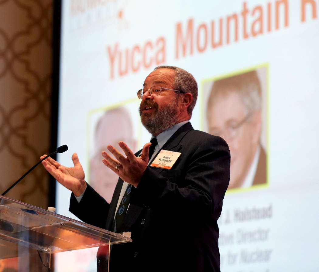 Elizabeth Brumley/Las Vegas Review-Journal Nye County Commissioner Dan Schinhofen speaks during a debate on restarting the Yucca Mountain Project at the JW Marriott hotel-casino in Las Vegas, Wedn ...