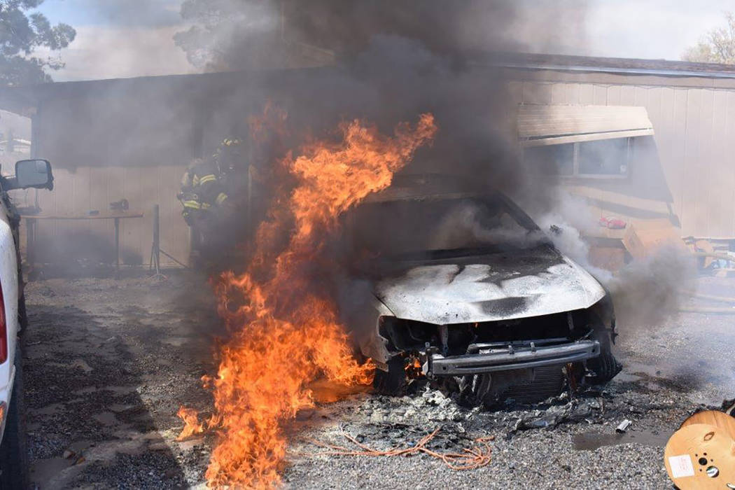 Special to the Pahrump Valley Times Though no injuries were reported, a passenger car was destroyed and a pickup truck sustained substantial damage following a vehicle and structure fire along Wes ...