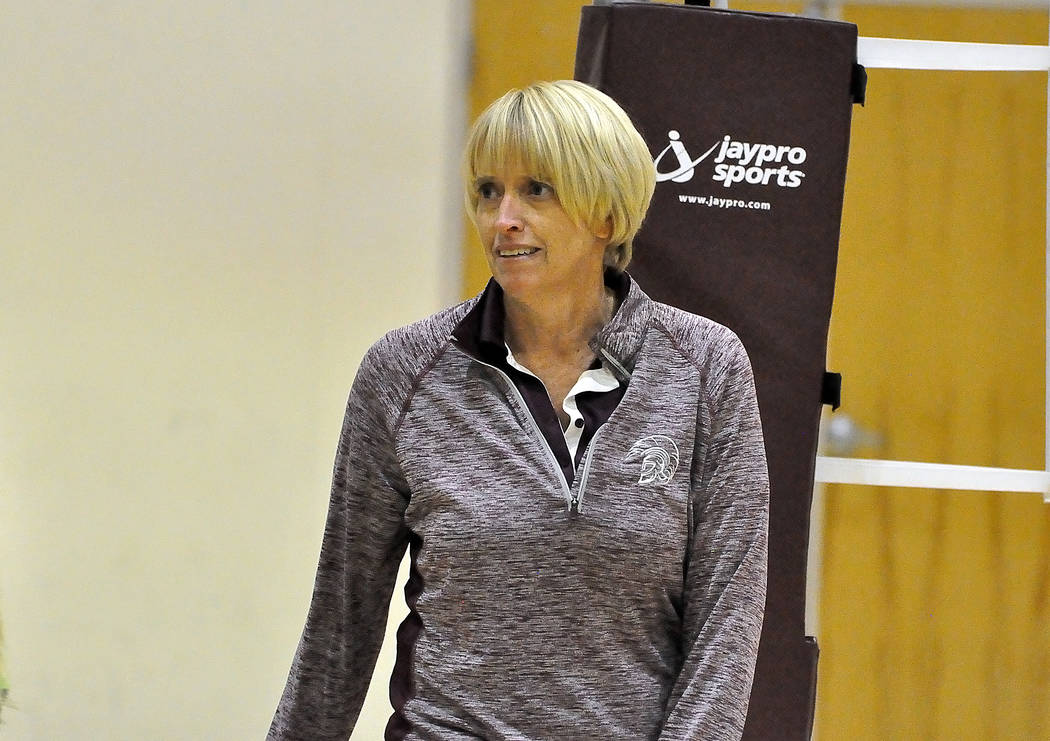 Horace Langford Jr./Pahrump Valley Times Pahrump Valley High School girls volleyball coach Jill Harris patrols the sideline during the Trojans' victory Wednesday night over Virgin Valley.