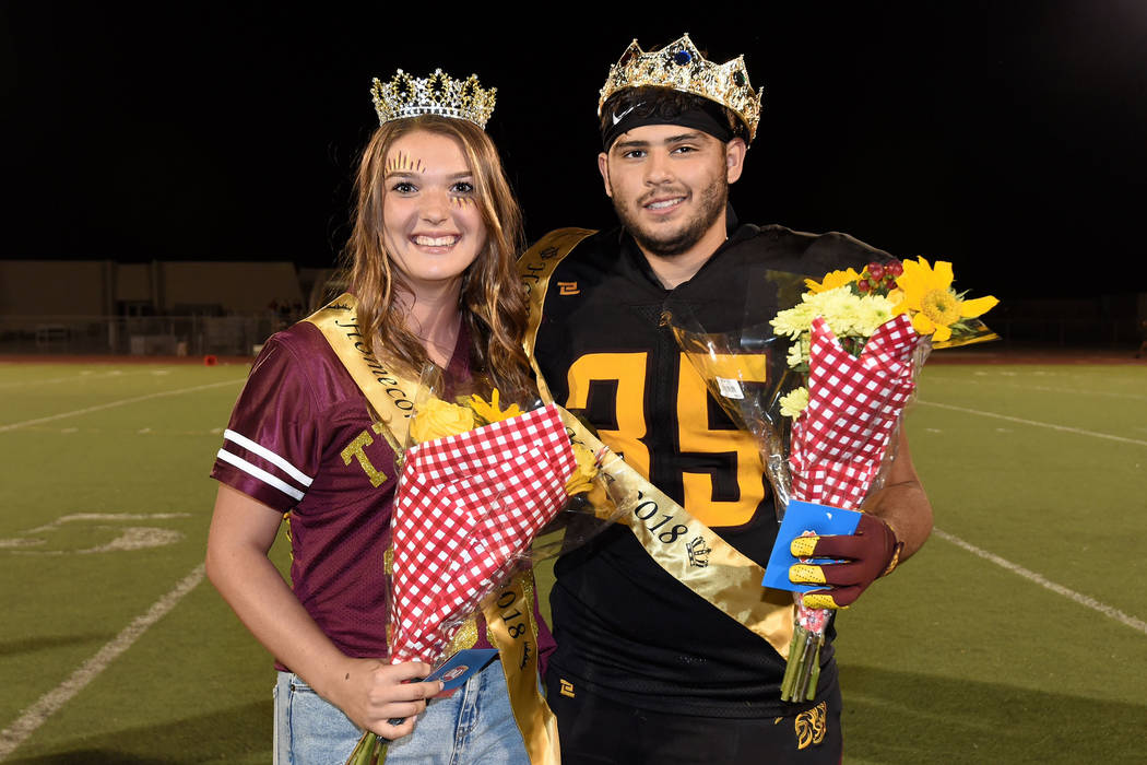 Peter Davis/Special to the Pahrump Valley Times Homecoming queen Halie Souza and homecoming king Nico Velazquez were crowned at halftime of Pahrump Valley's 42-14 win over Sunrise Mountain on Frid ...