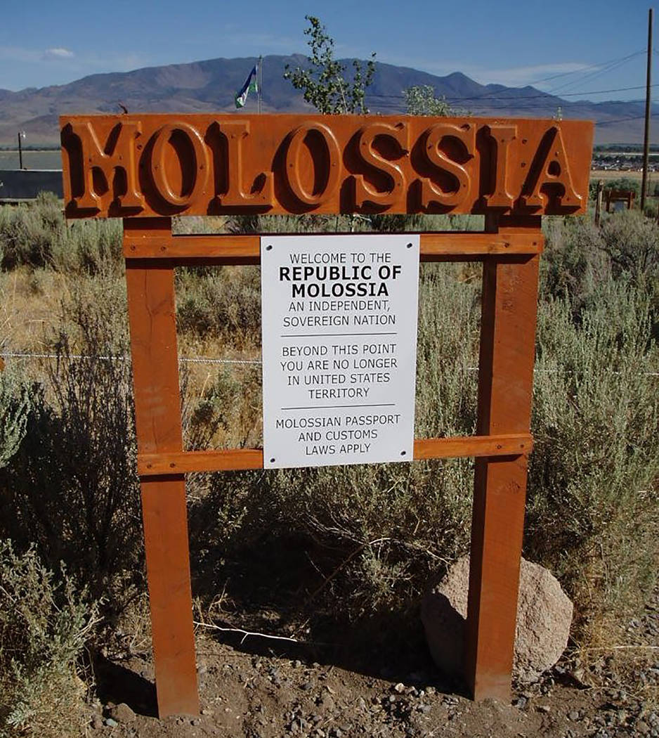 Special to the Pahrump Valley Times The Republic of Molossia's famed welcome sign is always a favorite photo op for visitors. Among the many attractions of the republic, include Molossia's Tiki Hu ...
