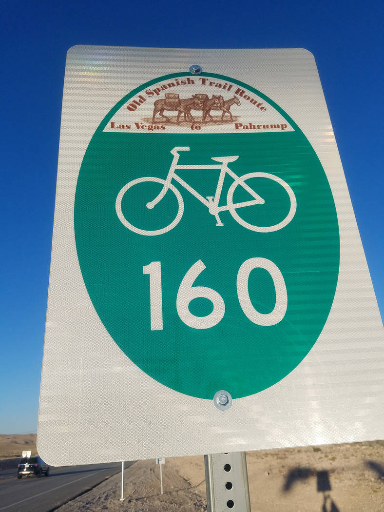 David Jacobs/Pahrump Valley Times A bike lane sign is seen along Nevada Highway 160. Cyclists are commonly are seen along the highway connecting Las Vegas and Pahrump.