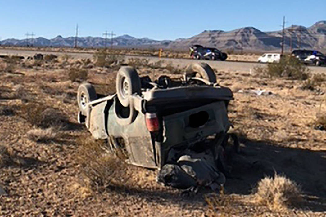 Scene of a rollover crash on state Route 160 on Sept. 26, 2018. (Nevada Highway Patrol)