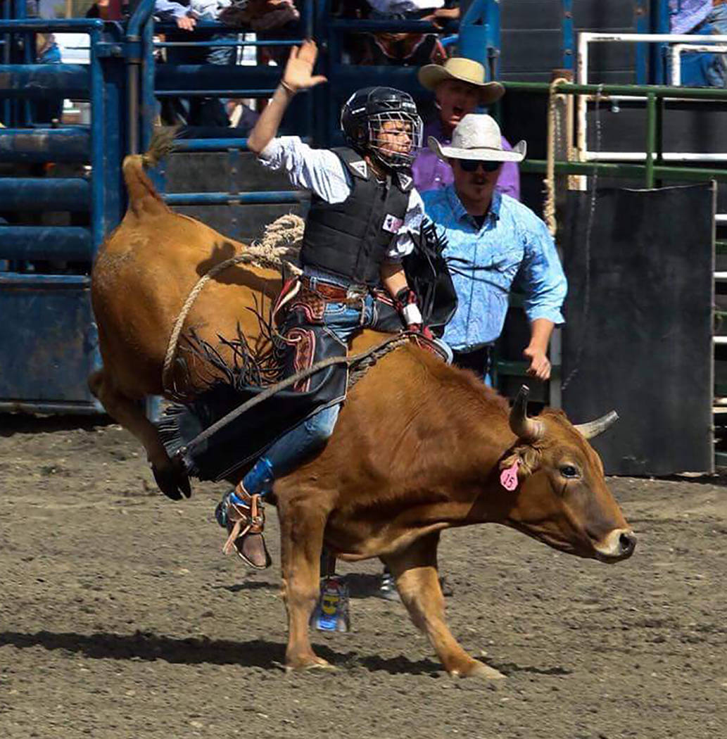 Buddy Krebs/Special to the Pahrump Valley Times Pahrump sixth-grader Brandon Mountz finished second in bull riding at a rodeo in Elko and is currently in third place in the state among junior high ...