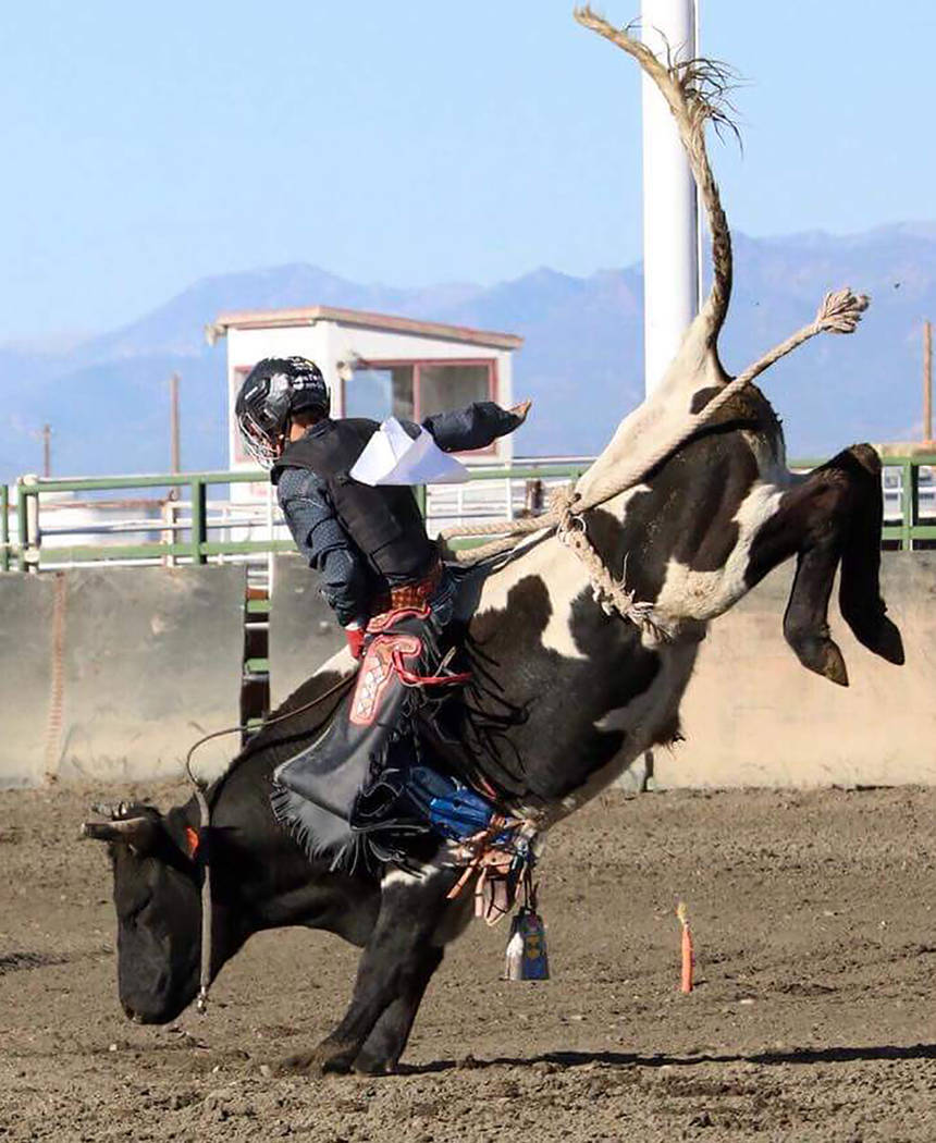 Buddy Krebs/Special to the Pahrump Valley Times Pahrump senior Tye Hardy, who qualified for nationals a year ago, leads Nevada high school bull riders after he won the event at a Sept. 8 rodeo in ...