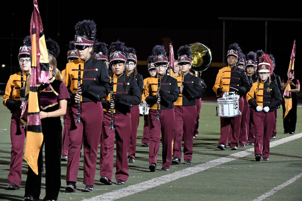 Peter Davis/Special to the Pahrump Valley Times file The Pahrump Valley High School Maroon Legion Marching Band took the field at halftime of the homecoming game against Sunrise Mountain in August.