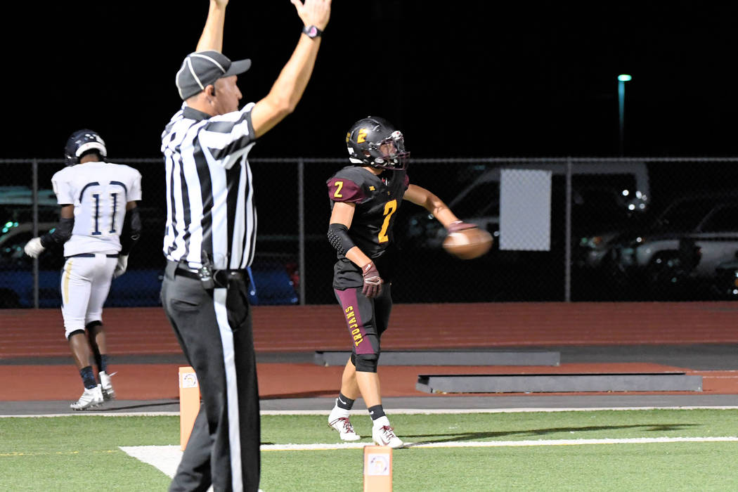 Peter Davis/Special to the Pahrump Valley Times Pahrump Valley senior Joey Koenig after catching a 20-yard touchdown pass from quarterback Dylan Wright late in the second quarter during Friday nig ...