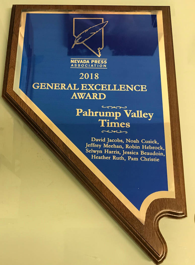 Jeffrey Meehan/Pahrump Valley Times The Pahrump Valley Times won general excellence in the intermediate category at the 2018 annual Nevada Press Association’s Better Newspaper Contest banquet in ...