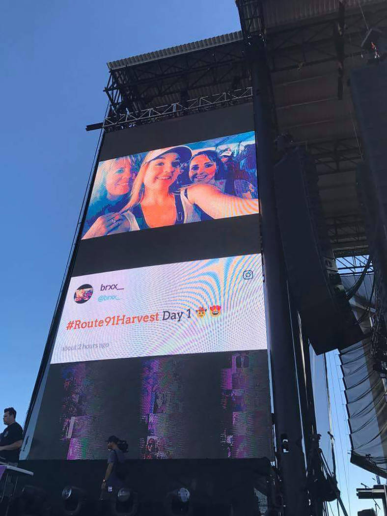 Special to the Pahrump Valley Times Denise Koch, left, daughter Breana, center a friend Cheryl Davis managed to get their images on the big screen at the Route 91 event last year. Koch said she to ...