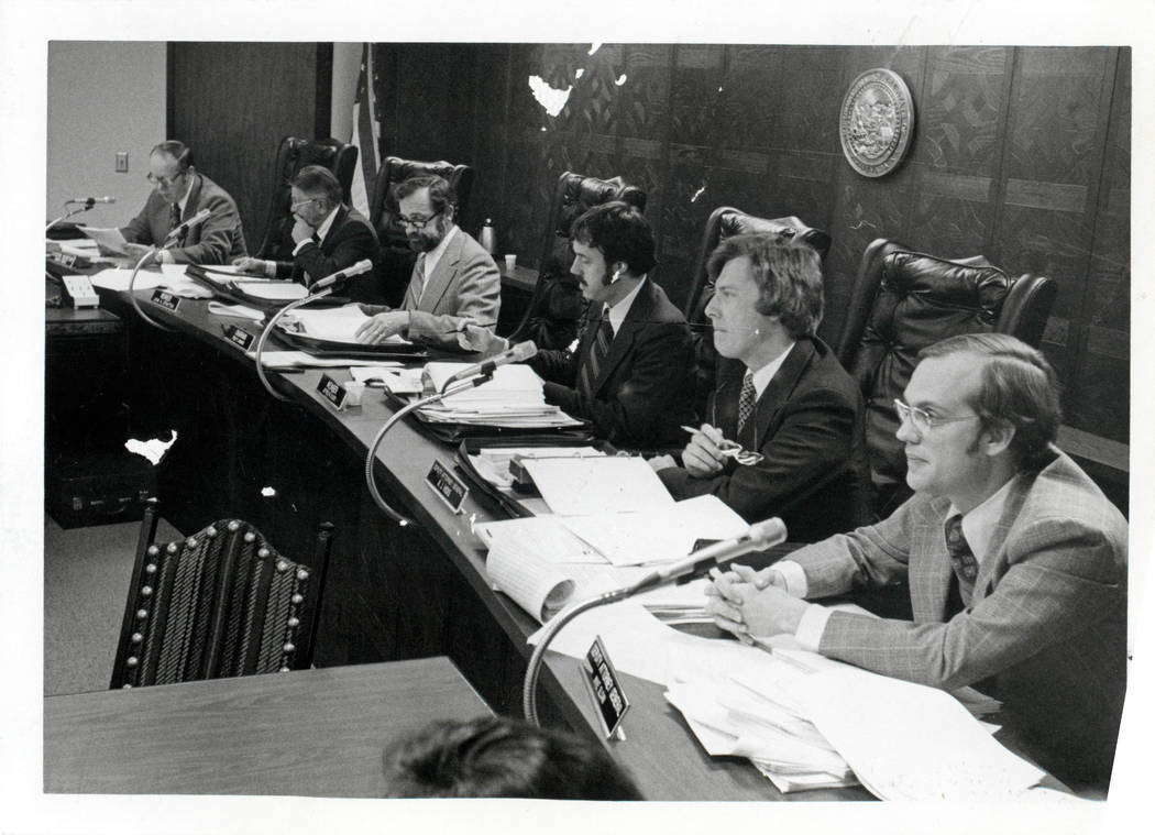 The Nevada Gaming Control Board meets on Jan. 14, 1976. From left, Edward Bowers, executive secretary, Jack Strattor, member, Philip Hannifin, chairman, Jeffrey Seluel, member, AJ "Bud" Hicks, Dep ...