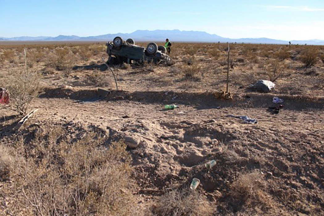 A blown tire led to a Wednesday rollover crash near Pahrump that left one man dead and another critically injured. (Nevada Highway Patrol)