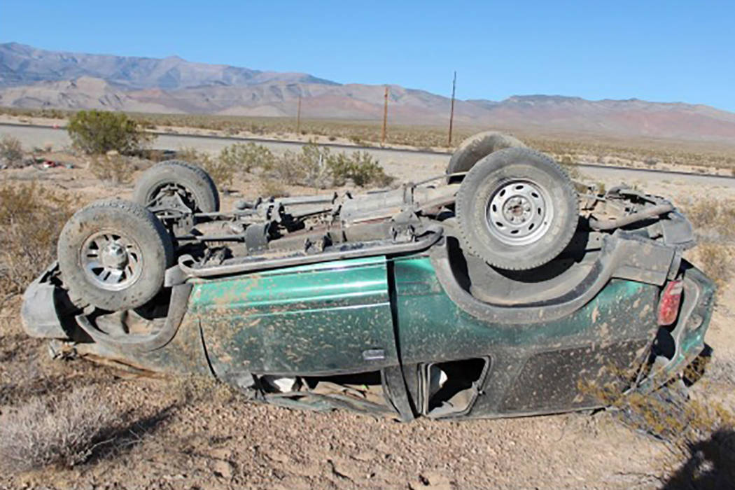 A blown tire led to a Wednesday rollover crash near Pahrump that left one man dead and another critically injured. (Nevada Highway Patrol)