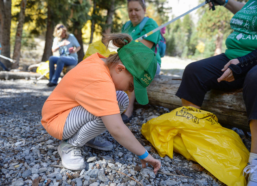 Jessica Harris, 7, from Girl Scout Troop 518 picks up a piece of trash off the ground while participating in the litter collection as a part of the volunteer program called "Green the Mountai ...