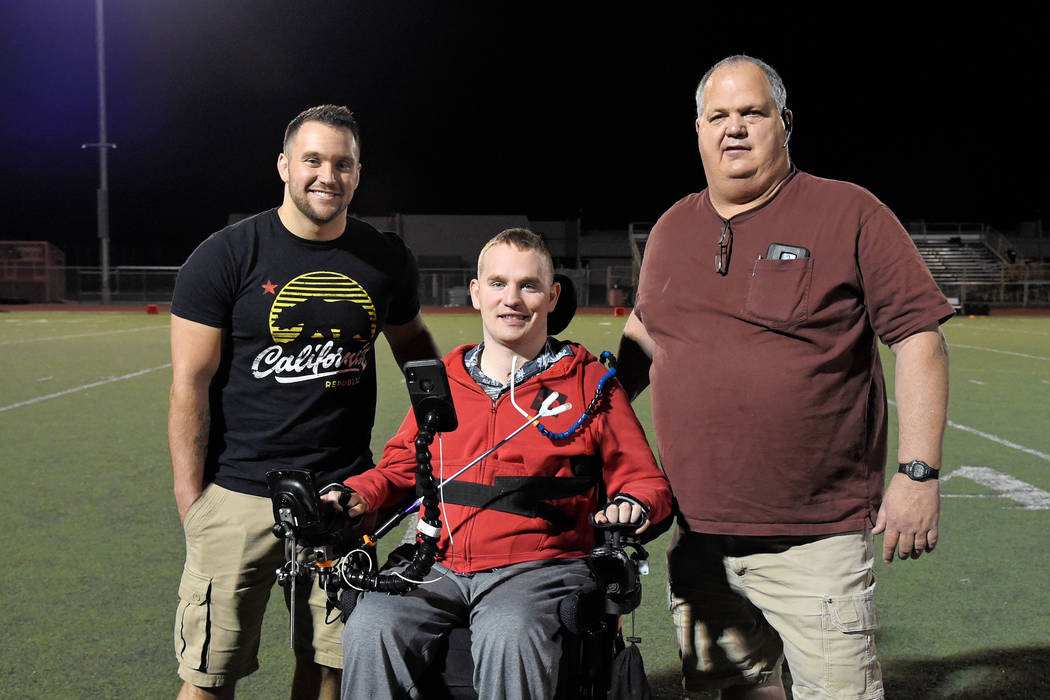 Peter Davis/Special to the Pahrump Valley Times From left, Ande Floyd, James Chapman and Marty Daffer were honored at halftime of Friday night's football game at Pahrump Valley High School as thre ...