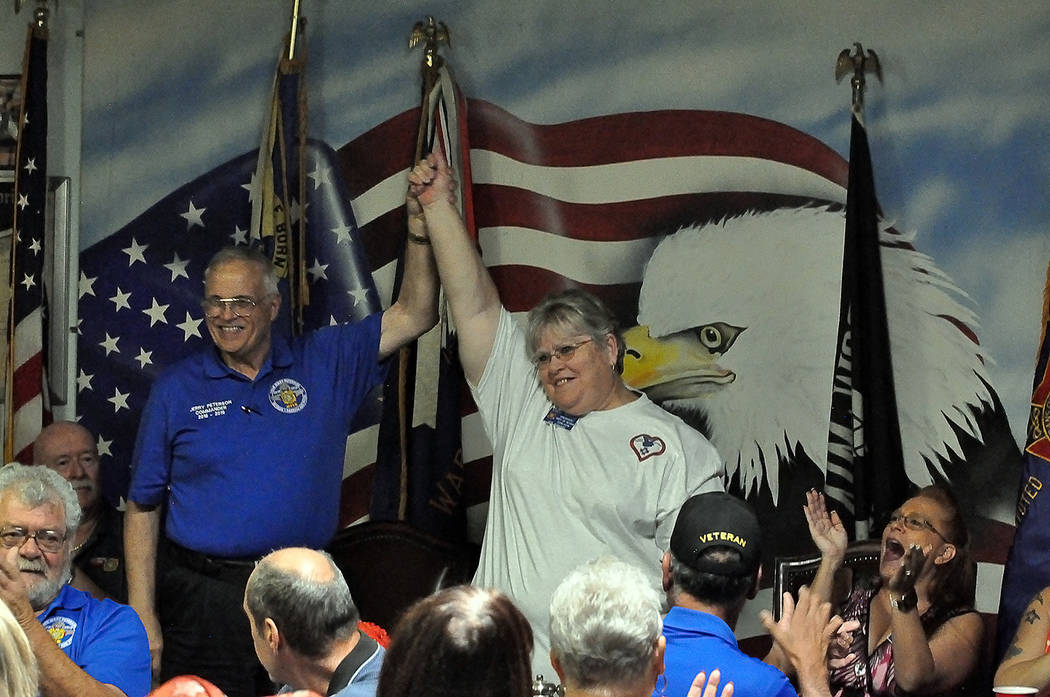 Horace Langford Jr./Pahrump Valley Times - Department of Nevada VFW Commander Jerry Peterson and Auxiliary President Linda Wright are shown celebrating their ascension to their new positions durin ...