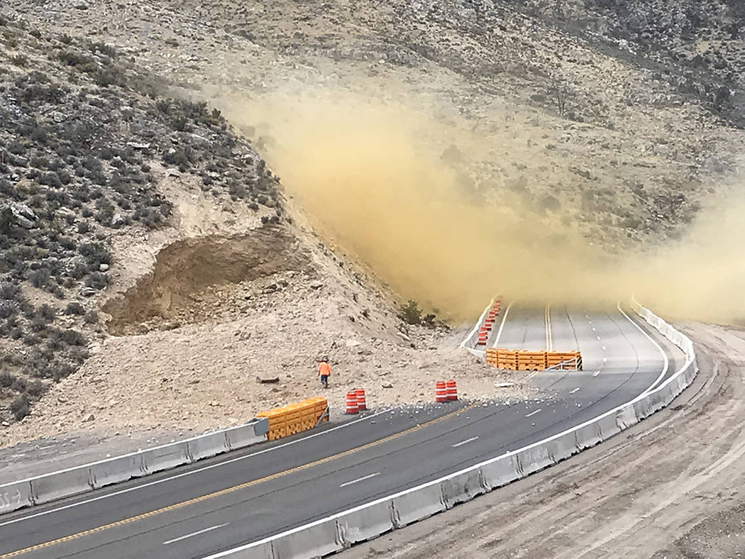 Nevada Department of Transportation The Oct. 5 blasting effort removed fractured bedrock outcroppings for a $58.6 million, six-mile-long highway widening project that began this summer, the Nevada ...
