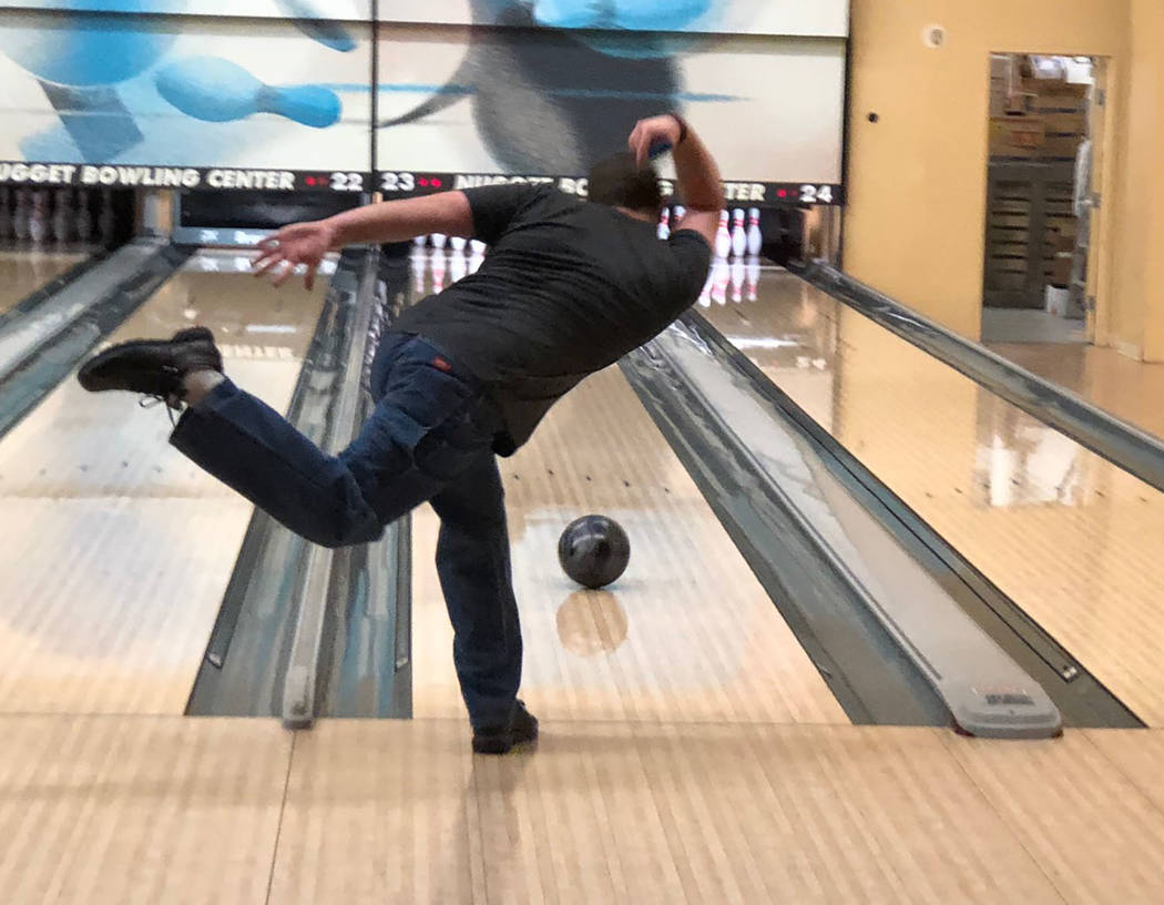 Tom Rysinski/Pahrump Valley Times Zahn Bouder of Pahrump tests out a new ball Wednesday morning after bowling in his league at the Pahrump Nugget Bowling Center.