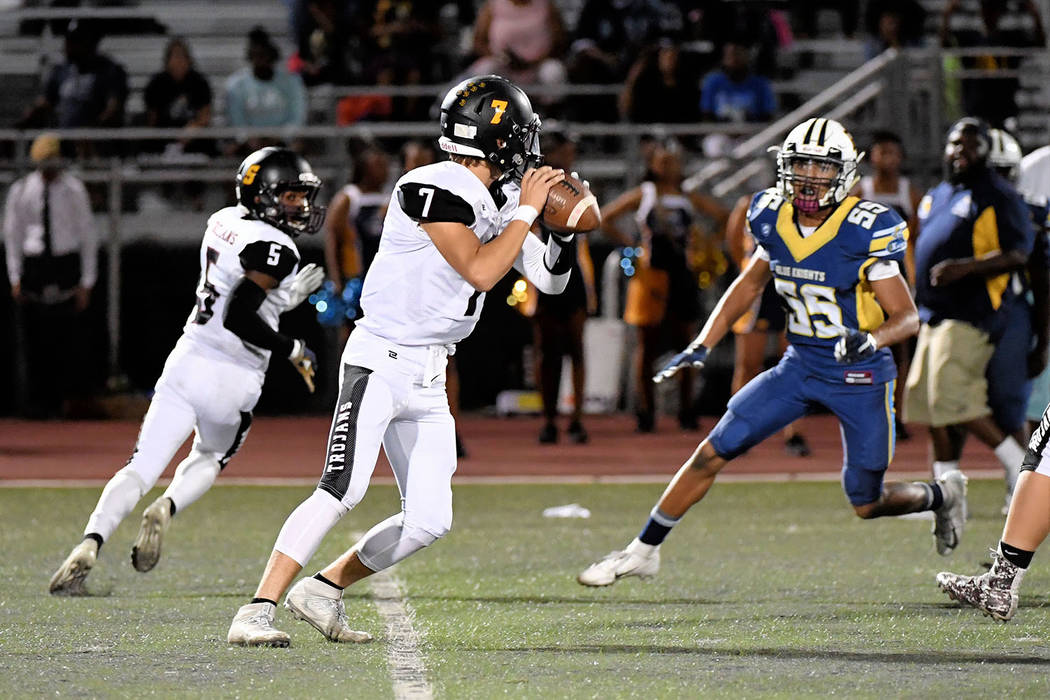 Peter Davis/Special to the Pahrump Valley Times Dylan Wright prepares to throw to Casey Flennory during a game against Democracy Prep. Wright completed his only pass Friday night for a 60-yard tou ...