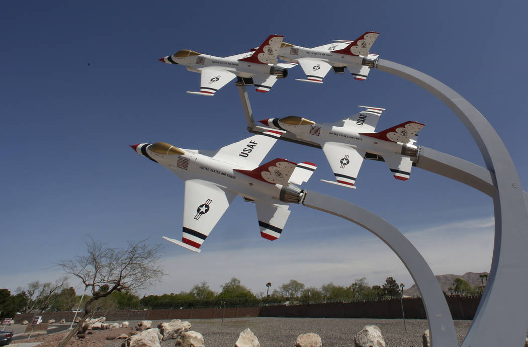 A display of U.S. Air Force Thunderbird jets near the main entrance checkpoint at Nellis Air Force Base in Las Vegas on Wednesday, April 4, 2018. (Bizuayehu Tesfaye/Las Vegas Review-Journal @bizut ...