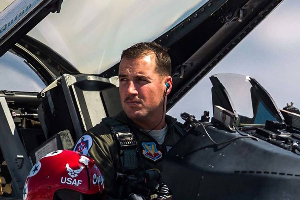 Maj. Stephen Del Bagno, Thunderbird 4/Slot Pilot, awaits the signal to start the F-16 Fighting Falcon during a practice show at Nellis Air Force Base on March 14, 2018. Del Bagno was killed when h ...