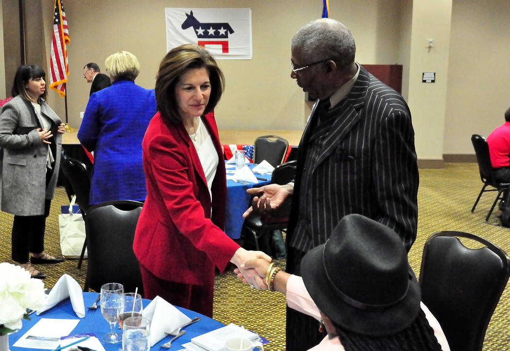 Catherine Cortez Masto, former Nevada attorney general and current U.S. Senator, was keynote speaker at the Nye County Democrats' Roosevelt-Kennedy Dinner in 2016. She is shown greeting locals in ...