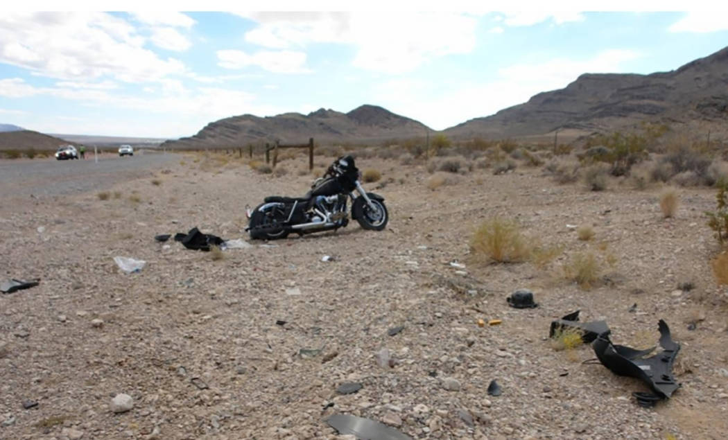 Special to the Pahrump Valley Times Nevada Highway Patrol is investigating a motorcycle crash along Highway 160 near mile marker 22 in Nye County on Saturday Oct. 20. An unidentified adult male ri ...