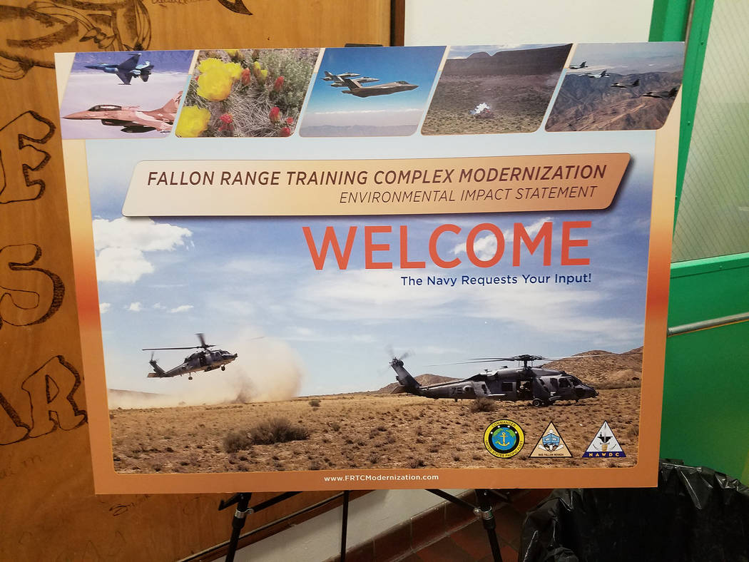 An informational graphic is displayed in Gabbs on Oct. 7, 2016 for a public meeting on the proposed expansion of the Navy’s Fallon Range Training Complex, which would include Nye County. As part ...