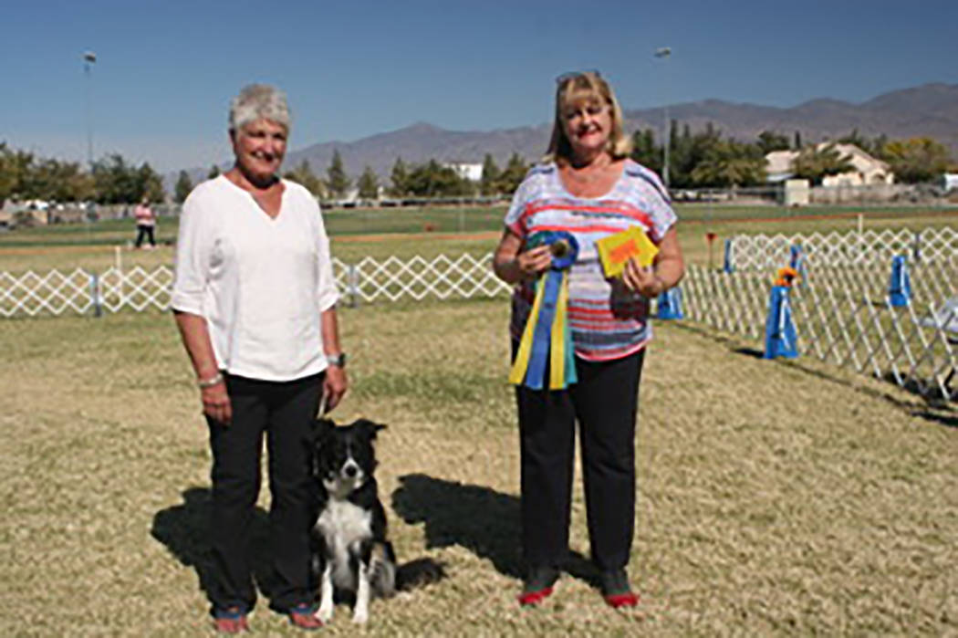 Special to the Pahrump Valley Times Draper, Utah resident Tori Faris and her border collie Azia won the high combined Open B Utility award. Both are joined by Judge Susie Osburn from Las Vegas.