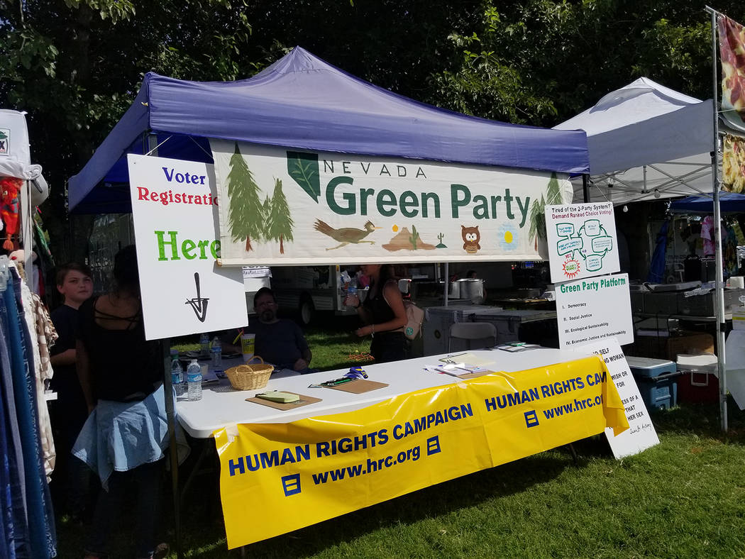 David Jacobs/Pahrump Valley Times The Green Party booth at the 2018 Pahrump Fall Festival. Republicans need every advantage they can get — even if that means funding the Green Party, columnist V ...