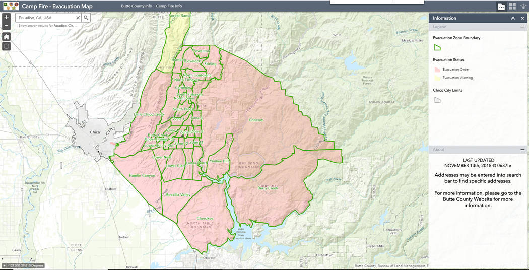 Special to the Pahrump Valley Times Screenshot from nifc.maps.arcgis.com of the mandatory evacuation zone in the Butte County, California area.