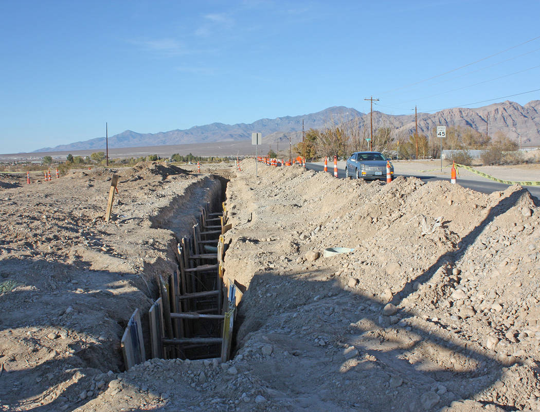 Robin Hebrock/Pahrump Valley Times Utility infrastructure work is currently underway on Hafen Ranch Road, as shown in this photo taken Nov. 14. The work is being done to connect a marijuana facili ...