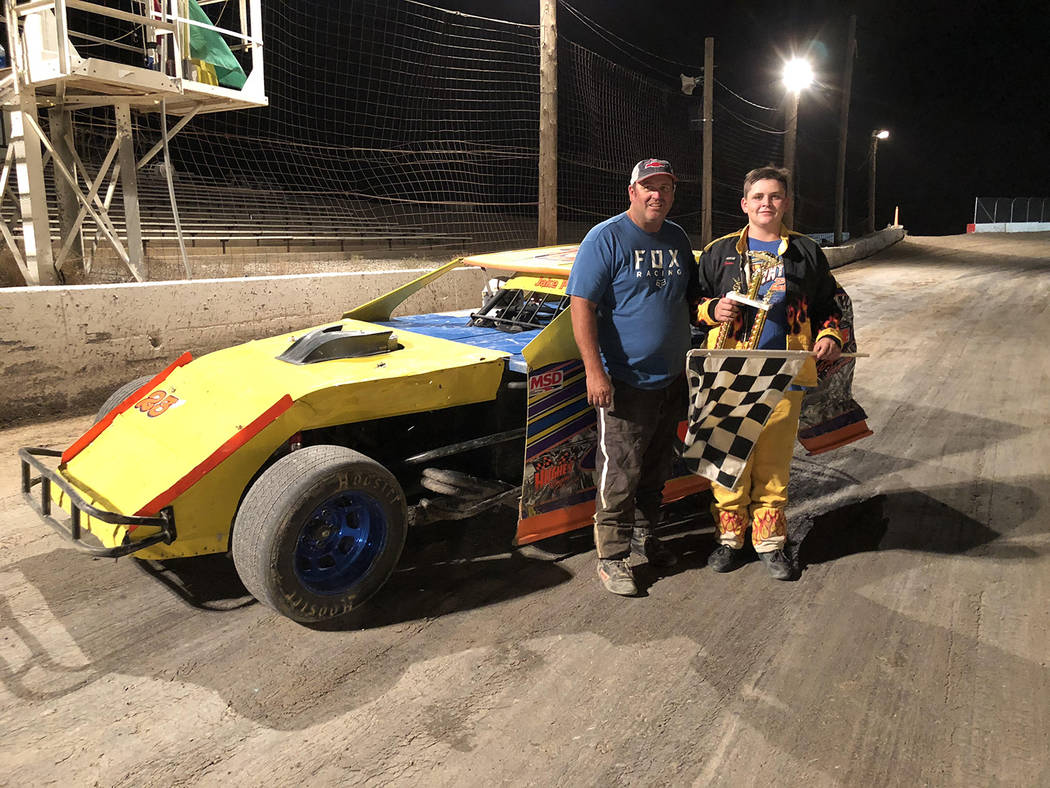 Tanya Pike/Special to the Pahrump Valley Times Jake Pike, right, and his father, Jason Pike at Pahrump Valley Speedway after the younger Pike defeated his dad in a race for the first time. Jake Pi ...