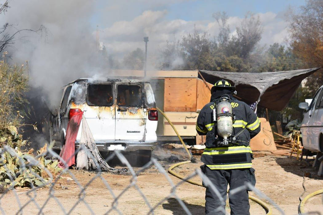 Special to the Pahrump Valley Times A vehicle fire along the 1300 block of West Windsong Lane prompted the quick response of Pahrump fire crews just before 11:30 a.m. on Thanksgiving Day. The init ...