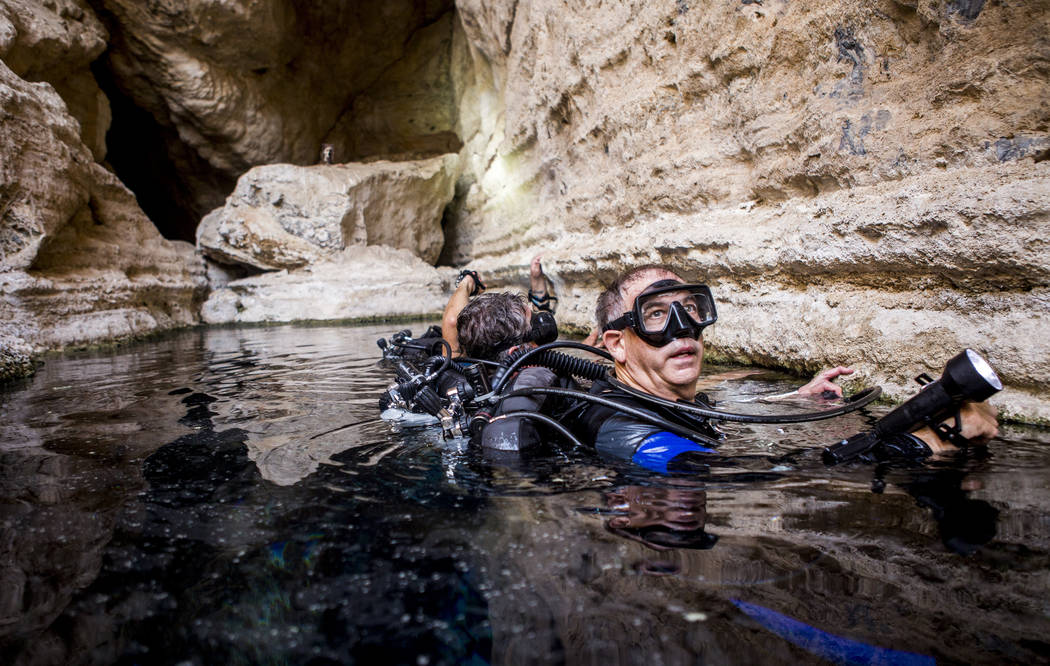 Mal Maloney, scuba trainer and safety diver at Death Valley National Park, waits at the surface of Devils Hole at Ash Meadows National Wildlife Refuge before a biannual population survey of endang ...
